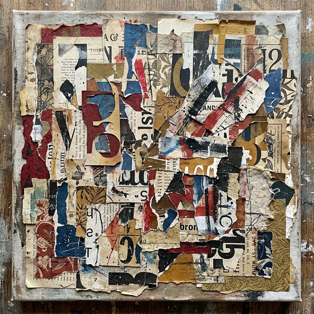 Collage of torn vintage printed papers layered and painted with black, red, and blue brushstrokes